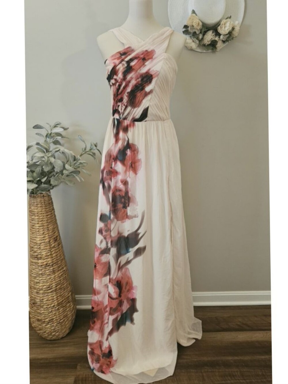 Little Mistress Light Pink Watercolor Floral Criss Cross Neck Maxi Dress